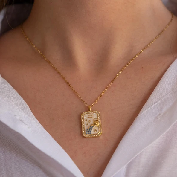 Çelik Kolye, Altın Kaplama Kova Burcu Kadın Kolye K-113 - Resim 3