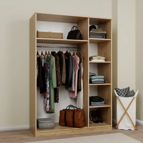 Lucas 3 Kapaklı, 6 Raf Bölmeli, Askılıklı Geniş Elbise Dolabı, Gardırop – Safir Meşe - 4