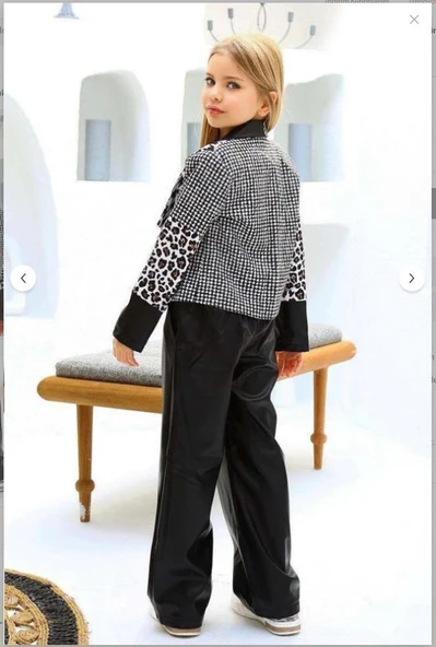 Kız Çocuk Üzeri Leopar ve Kazayağı Deri Detaylı Ceket Bol Kesim Pantolon Siyah Alt Üst Takım - Resim 2