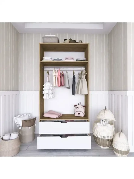 90 Cm Açık Ceviz-Beyaz 2 Kapılı 2 Çekmeceli Elbise Dolabı - Gardırop - Resim 4
