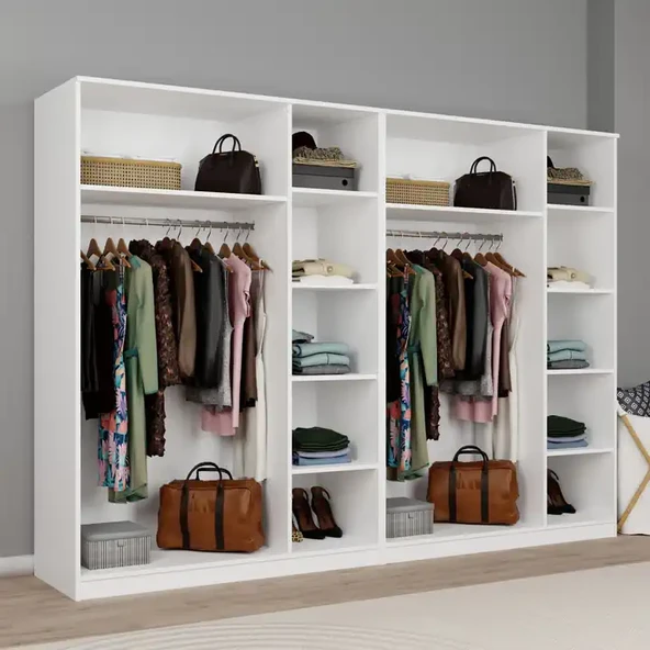 Lucas 6 Kapaklı, 12 Raf Bölmeli, Askılıklı Geniş Elbise Dolabı, Gardırop, Beyaz 190*270 - Resim 4