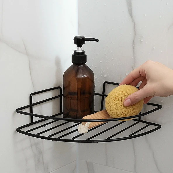Tek Katlı Duş Şampuanlık Banyo Rafı Metal Şampuan ve Aksesuar Düzenleyici Vidalı Montaj Siyah Renk - Resim 5