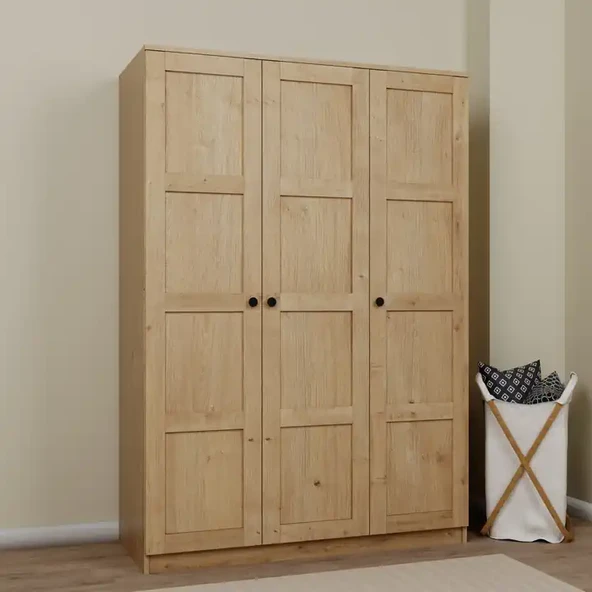 Lucas 3 Kapaklı, 6 Raf Bölmeli, Askılıklı Geniş Elbise Dolabı, Gardırop – Safir Meşe - 2