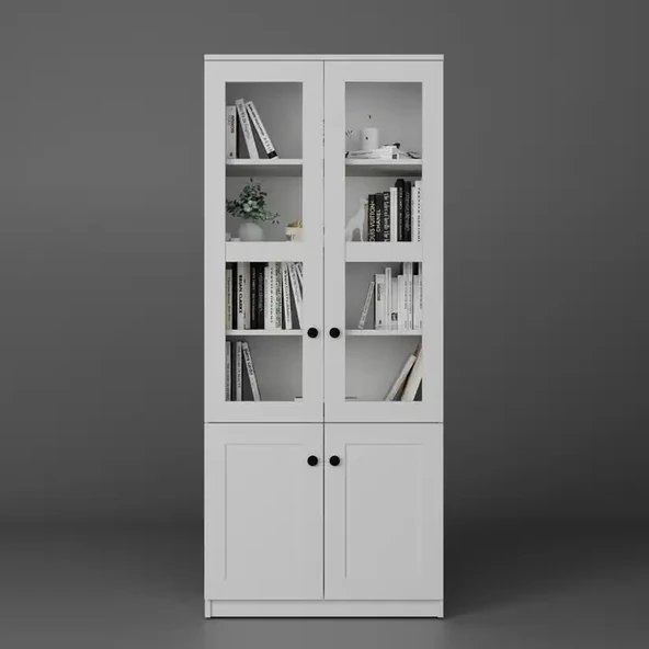 Lisa 4 Kapaklı Beyaz Vitrin - Kitaplık ve Çok Amaçlı Dolap - Resim 5