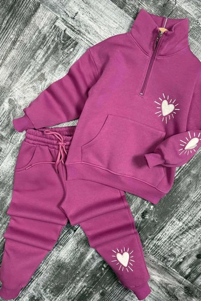 Kız Çocuk Kalp Emoji Baskılı Kanguru Cepli Fermuarlı Sweat Mor Eşofman Takım - Resim 3