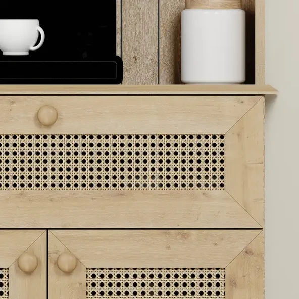 Lucas 2 Kapaklı Çekmeceli Sarı Hasır Desen Kahve Köşesi Çok Amaçlı Mutfak Dolabı - Safir Meşe - Resim 3