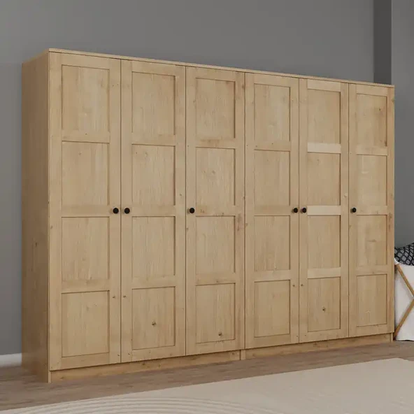 Lucas 6 Kapaklı,15 Raf Bölmeli Yüklük & Askılıklı Geniş Elbise Dolabı-Gardırop Safir Meşe 190x270 cm - Resim 2