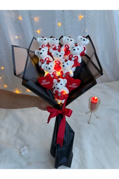 PARSÇİÇEK Led ışıklı Kırmızı Ayıcıklı Buket Sevdiklerinize Özel Sevimli Ayıcıklı Çicek Buketi - 4