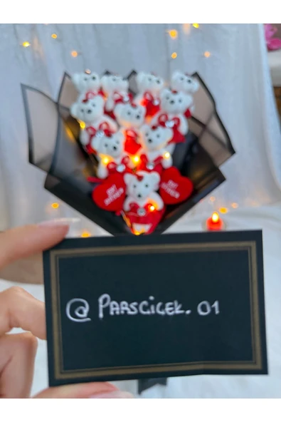 PARSÇİÇEK Led ışıklı Kırmızı Ayıcıklı Buket Sevdiklerinize Özel Sevimli Ayıcıklı Çicek Buketi - 3