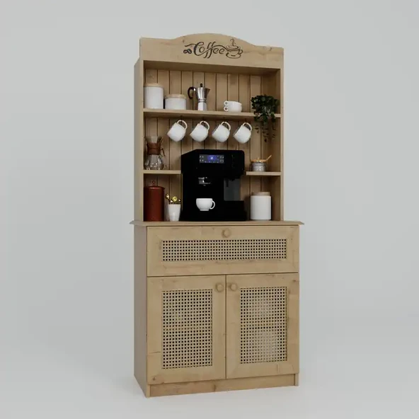 Lucas 2 Kapaklı Çekmeceli Sarı Hasır Desen Kahve Köşesi Çok Amaçlı Mutfak Dolabı - Safir Meşe - Resim 5