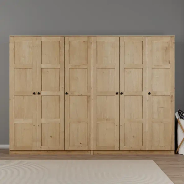 Lucas 6 Kapaklı,15 Raf Bölmeli Yüklük & Askılıklı Geniş Elbise Dolabı-Gardırop Safir Meşe 190x270 cm ürün görseli 1