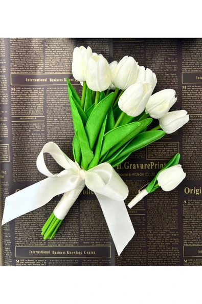 JakarandaDesign 13 Lü Yapay Islak Lale Buket’i Ve Yaka Çiçeği Gerçeksi Doku (YANINDA KEDİ BİBLOSU HEDİYE!)