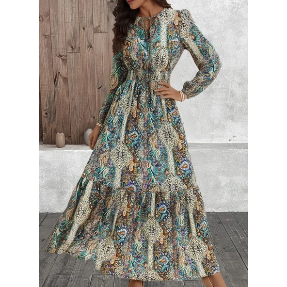 Lucky Life Kadın Uzun Kollu Uakadabağcıklı Beli Lastikli Desenli Uzun Süprem Elbise - Resim 5