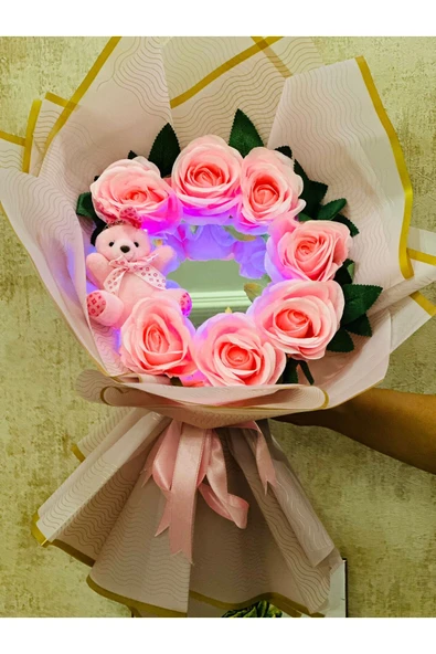 Şans çiçek hediyelik & dekorasyon Ayıcıklı Led ışıklı ayna buketi ürün görseli 1