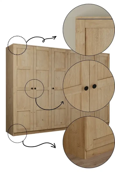 Lucas 6 Kapaklı,15 Raf Bölmeli Yüklük & Askılıklı Geniş Elbise Dolabı-Gardırop Safir Meşe 190x270 cm - Resim 7