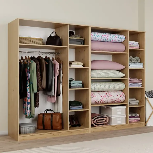 Lucas 6 Kapaklı,15 Raf Bölmeli Yüklük & Askılıklı Geniş Elbise Dolabı-Gardırop Safir Meşe 190x270 cm - Resim 4