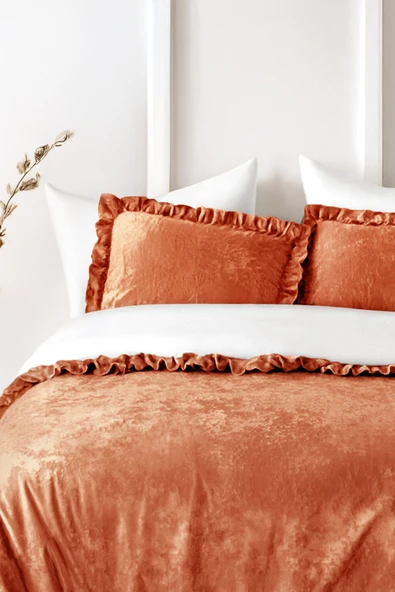 Kadife Yatak Örtüsü Ç.K Set 230x250 Kiremit - Resim 4