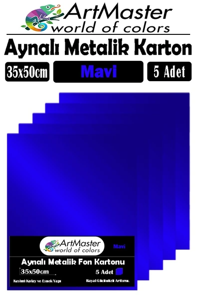 Mavi Renkli 35x50 Metalik Aynalı Fon Kartonu 5 Adet 1 Paket ArtMaster Metalik Aynalı Fon Kartonu