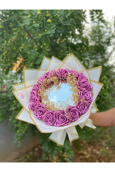 Aynalı Gül Buketi Aynali Buket Yapay Solmayan Gül Mor Gül Ve Cipso Detaylı - 5