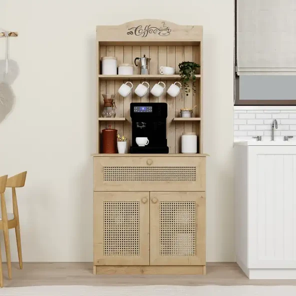 Lucas 2 Kapaklı Çekmeceli Sarı Hasır Desen Kahve Köşesi Çok Amaçlı Mutfak Dolabı - Safir Meşe ürün görseli 1