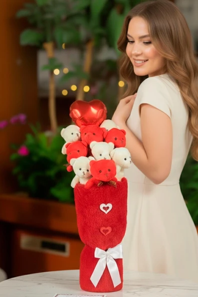 Öğretmen'e HEDİYE: Deluxe Kırmızı-Beyaz Peluş Ayıcık Kalp Balonlu Peluş Vazo Tasarımlı Ayıcık Buketi - Resim 4