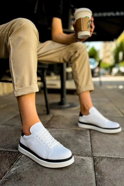 CH979 - Santoni GBT Spor Erkek Ayakkabı BEYAZ/SIYAH - Resim 2