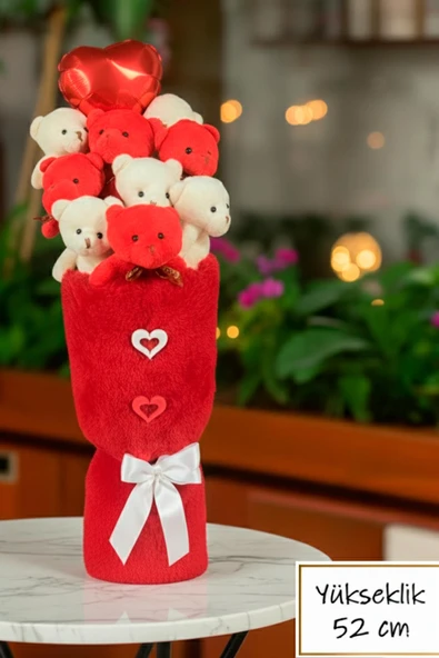 Öğretmen'e HEDİYE: Deluxe Kırmızı-Beyaz Peluş Ayıcık Kalp Balonlu Peluş Vazo Tasarımlı Ayıcık Buketi - Resim 2
