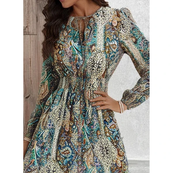 Lucky Life Kadın Uzun Kollu Uakadabağcıklı Beli Lastikli Desenli Uzun Süprem Elbise ürün görseli 1