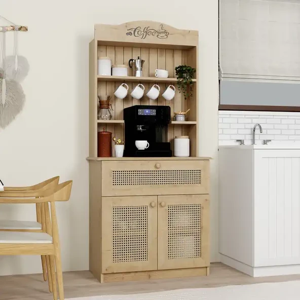 Lucas 2 Kapaklı Çekmeceli Sarı Hasır Desen Kahve Köşesi Çok Amaçlı Mutfak Dolabı - Safir Meşe - Resim 2