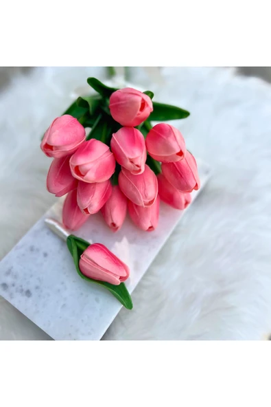 13 lü Yapay Pembe Islak Lale Buket’i Ve Yaka Çiçeği - Resim 5