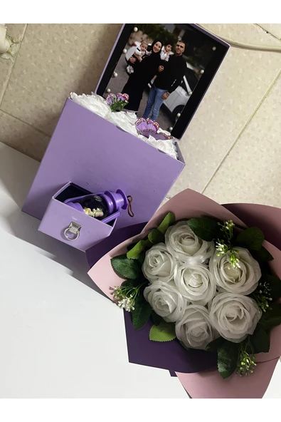 KAYZEN Kişiye özel mor kutu ve mini gül buketi - Resim 3