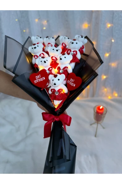 PARSÇİÇEK Led ışıklı Kırmızı Ayıcıklı Buket Sevdiklerinize Özel Sevimli Ayıcıklı Çicek Buketi - 5