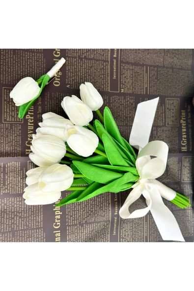 JakarandaDesign 13 Lü Yapay Islak Lale Buket’i Ve Yaka Çiçeği Gerçeksi Doku (YANINDA KEDİ BİBLOSU HEDİYE!) - 5