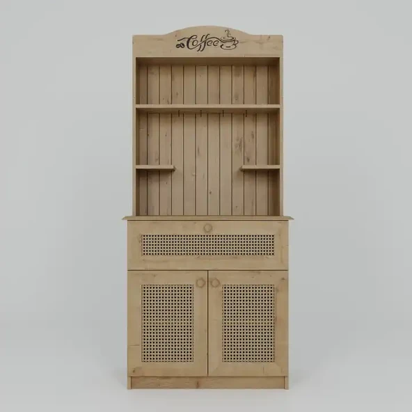 Lucas 2 Kapaklı Çekmeceli Sarı Hasır Desen Kahve Köşesi Çok Amaçlı Mutfak Dolabı - Safir Meşe - Resim 6