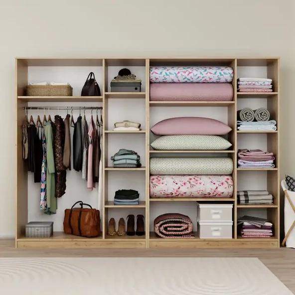 Lucas 6 Kapaklı,15 Raf Bölmeli Yüklük & Askılıklı Geniş Elbise Dolabı-Gardırop Safir Meşe 190x270 cm - Resim 3