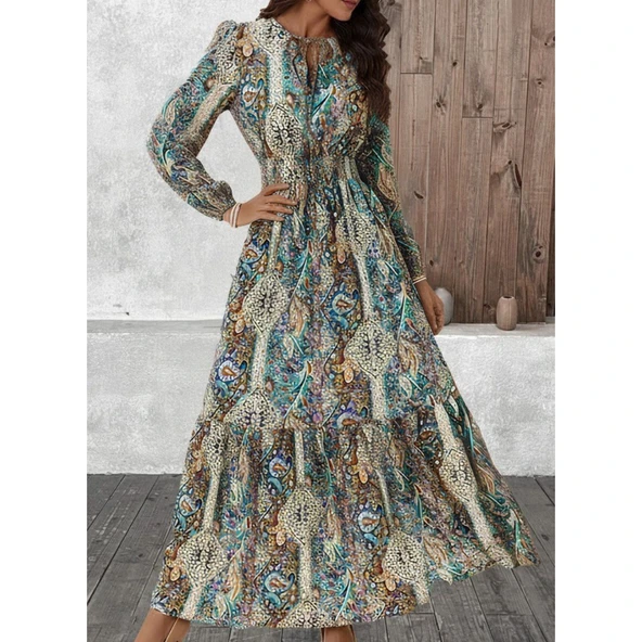 Lucky Life Kadın Uzun Kollu Uakadabağcıklı Beli Lastikli Desenli Uzun Süprem Elbise - Resim 6