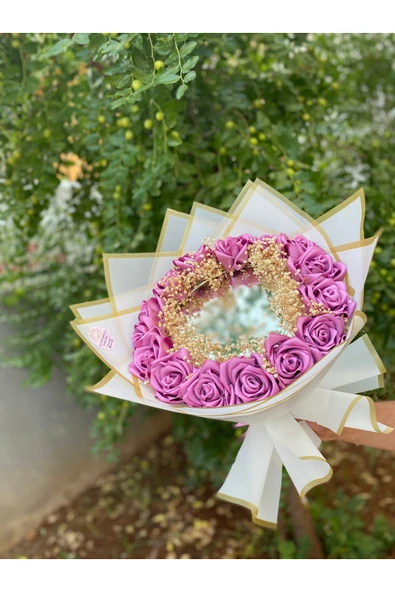 Aynalı Gül Buketi Aynali Buket Yapay Solmayan Gül Mor Gül Ve Cipso Detaylı - 3