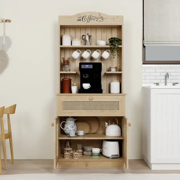 Lucas 2 Kapaklı Çekmeceli Sarı Hasır Desen Kahve Köşesi Çok Amaçlı Mutfak Dolabı - Safir Meşe - Resim 4