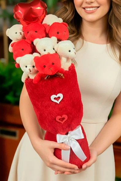Öğretmen'e HEDİYE: Deluxe Kırmızı-Beyaz Peluş Ayıcık Kalp Balonlu Peluş Vazo Tasarımlı Ayıcık Buketi ürün görseli