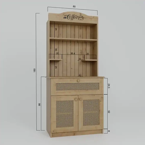 Lucas 2 Kapaklı Çekmeceli Sarı Hasır Desen Kahve Köşesi Çok Amaçlı Mutfak Dolabı - Safir Meşe - Resim 7