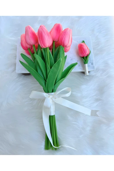 13 lü Yapay Pembe Islak Lale Buket’i Ve Yaka Çiçeği - Resim 4