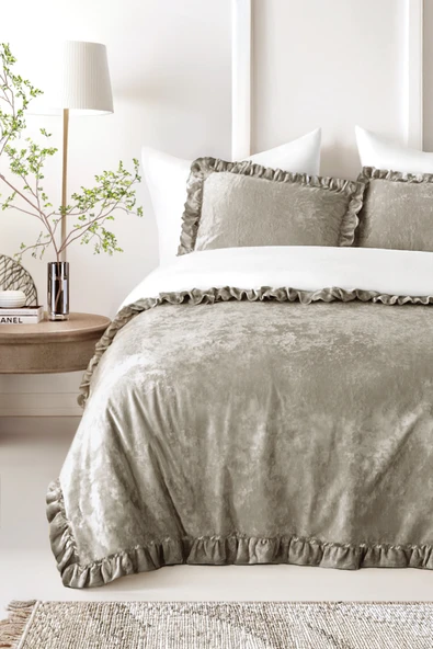 Kadife Yatak Örtüsü Ç.K Set 230x250 Vizon ürün görseli 1