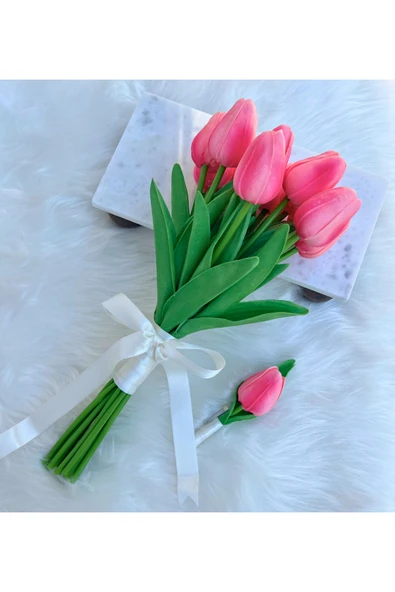 13 lü Yapay Pembe Islak Lale Buket’i Ve Yaka Çiçeği ürün görseli 1