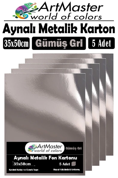 Gümüş Gri Renkli 35x50 Metalik Aynalı Fon Kartonu 5 Adet 1 Paket ArtMaster Metalik Aynalı Fon Kartonu ürün görseli