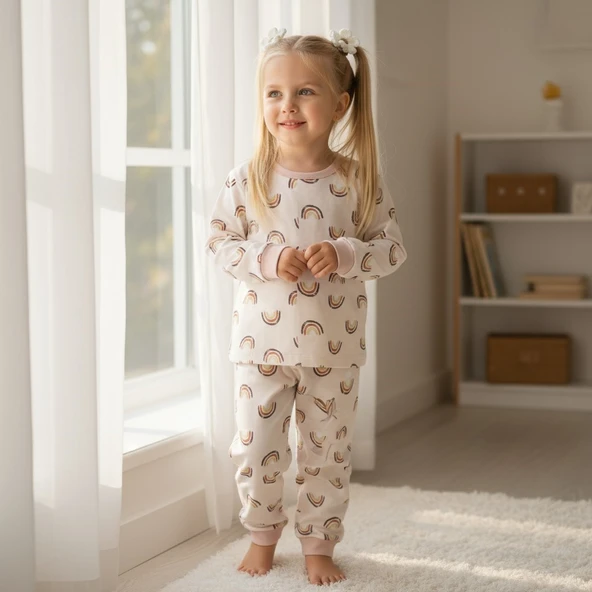 Gökkuşağı Desenli Kız Çocuk Pijama Takım - Resim 2