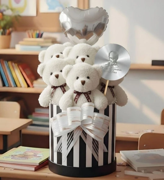 Öğretmen'e Hediye: Atatürk Temalı Aynalı Çizgili Premium Kutuda, Kalpli Balonlu 6’lı Beyaz Ayıcık Buketi-24 Kasım Öğretmenler Günü Hediyesi - Resim 3