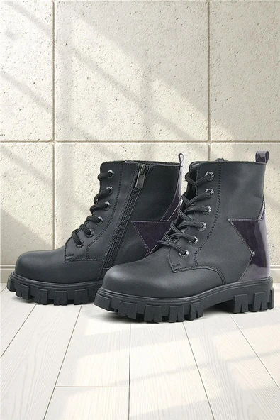 Rakerplus Siyah Hakiki Deri Platin Yıldız Detaylı Kız Çocuk Bot - Resim 8