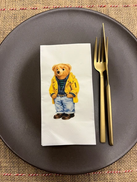 Sarı Ceketli Sevimli Ayı Baskılı Peçete Beyaz 16 Adet ürün görseli