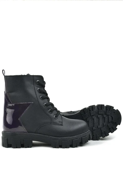 Rakerplus Siyah Hakiki Deri Platin Yıldız Detaylı Kız Çocuk Bot - Resim 7