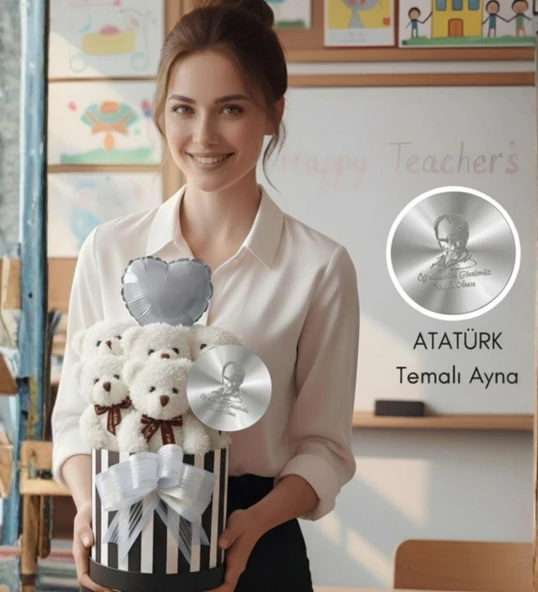 Öğretmen'e Hediye: Atatürk Temalı Aynalı Çizgili Premium Kutuda, Kalpli Balonlu 6’lı Beyaz Ayıcık Buketi-24 Kasım Öğretmenler Günü Hediyesi ürün görseli
